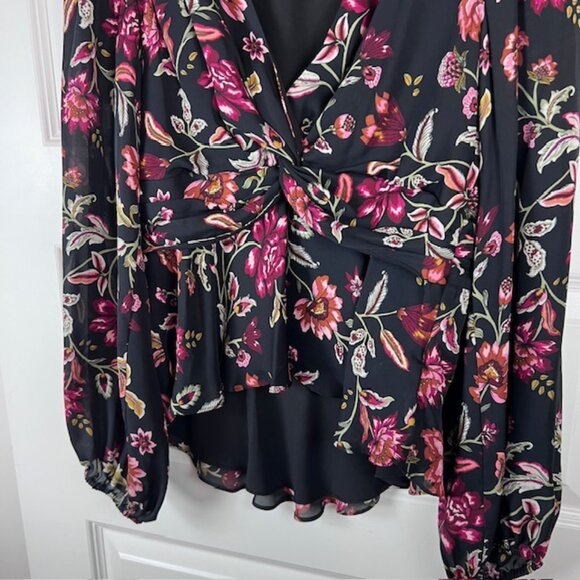 A.L.C. Silk Floral Twist-Front Blouse Black Multicolor Long Sleeve Size 10 - Picture 5 of 10